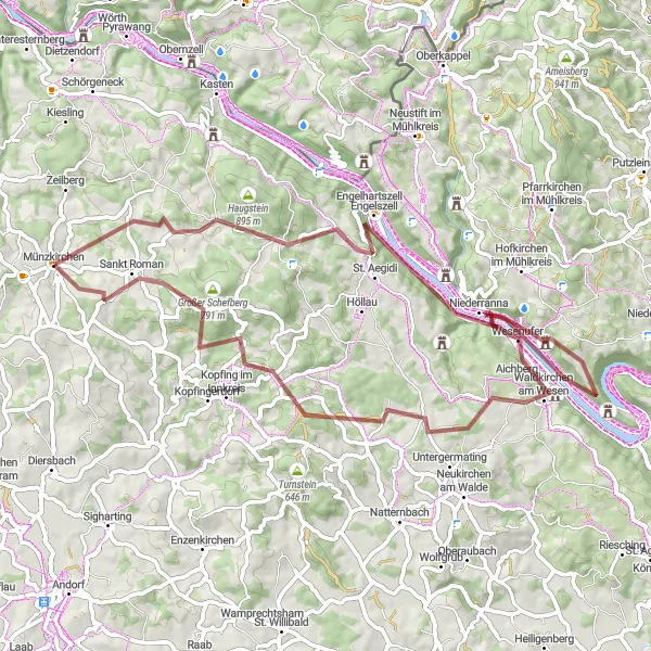 Miniatura mapy "Trasa Münzkirchen - Waldkirchen am Wesen - Großer Schefberg" - trasy rowerowej w Oberösterreich, Austria. Wygenerowane przez planer tras rowerowych Tarmacs.app