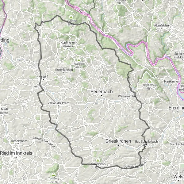 Miniaturní mapa "Z Münzkirchena v okolí: Výlet k prazvláštním místům" inspirace pro cyklisty v oblasti Oberösterreich, Austria. Vytvořeno pomocí plánovače tras Tarmacs.app