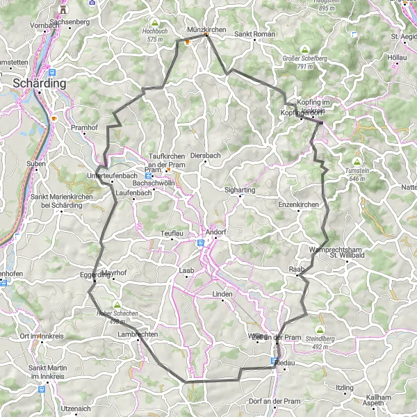 Miniature de la carte de l'inspiration cycliste "Défi cycliste à travers les collines et vallées de la région de Münzkirchen" dans la Oberösterreich, Austria. Générée par le planificateur d'itinéraire cycliste Tarmacs.app