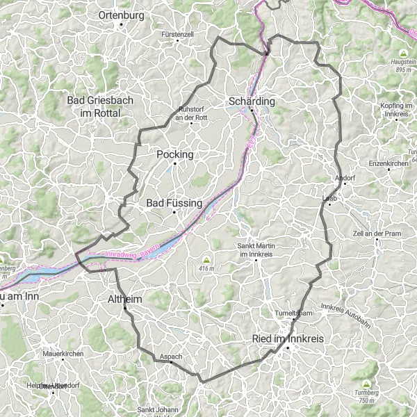 Mapa miniatúra "Náročný okruh okolo rieky Inn až po Schardenberg" cyklistická inšpirácia v Oberösterreich, Austria. Vygenerované cyklistickým plánovačom trás Tarmacs.app