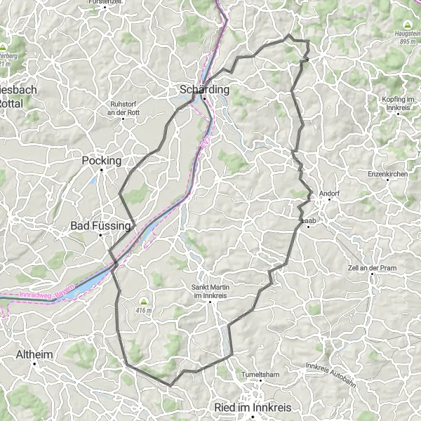 Miniaturní mapa "Okružní cyklistická trasa přes Taufkirchen an der Pram" inspirace pro cyklisty v oblasti Oberösterreich, Austria. Vytvořeno pomocí plánovače tras Tarmacs.app