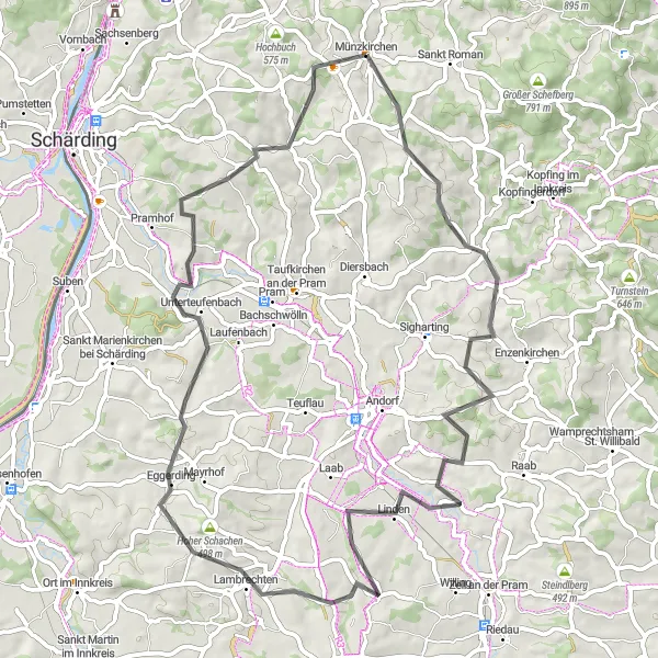 Miniature de la carte de l'inspiration cycliste "Randonnée des Collines de Münzkirchen" dans la Oberösterreich, Austria. Générée par le planificateur d'itinéraire cycliste Tarmacs.app