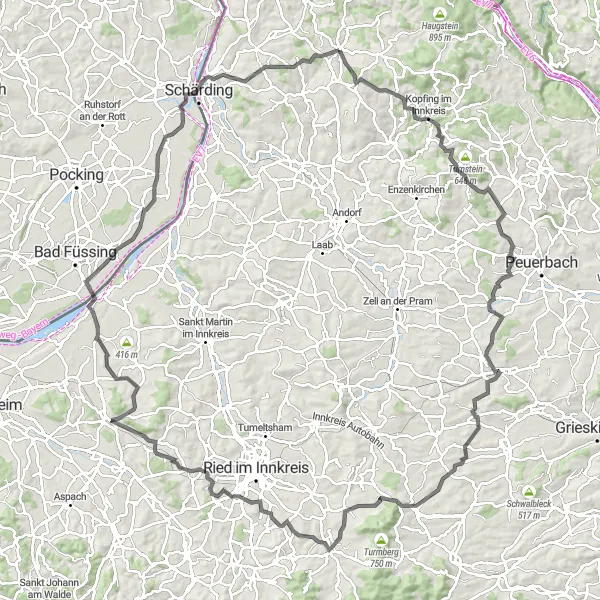 Miniaturní mapa "Trasa do Kopfing im Innkreis" inspirace pro cyklisty v oblasti Oberösterreich, Austria. Vytvořeno pomocí plánovače tras Tarmacs.app