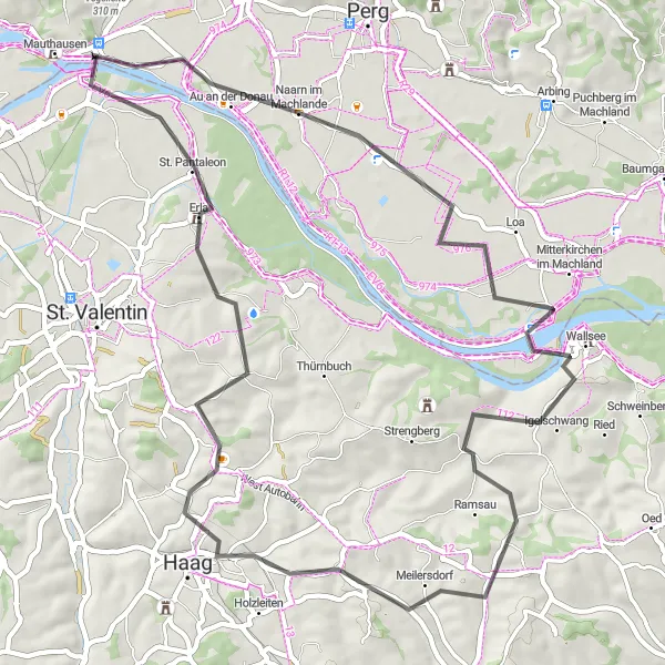 Miniatua del mapa de inspiración ciclista "Viaje cultural a Schloss Wallsee y Schloss Erla en bicicleta" en Oberösterreich, Austria. Generado por Tarmacs.app planificador de rutas ciclistas