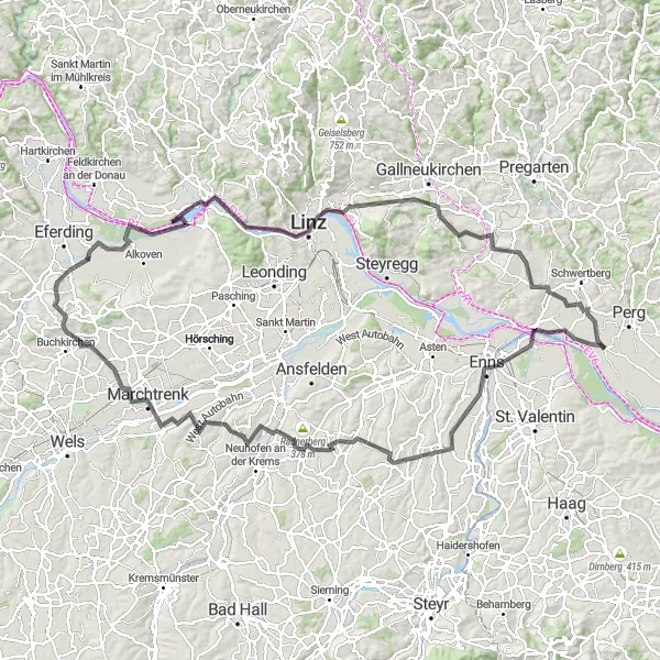 Miniatua del mapa de inspiración ciclista "Exploración de Ennsdorf y Linz en bicicleta" en Oberösterreich, Austria. Generado por Tarmacs.app planificador de rutas ciclistas