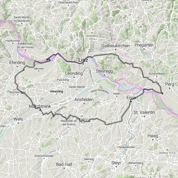 Karttaminiaatyyri "Maaseudun road reitti Naarn im Machlandessa" pyöräilyinspiraatiosta alueella Oberösterreich, Austria. Luotu Tarmacs.app pyöräilyreittisuunnittelijalla