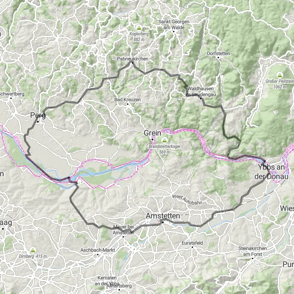 Miniatura della mappa di ispirazione al ciclismo "Le miniere di Naarn" nella regione di Oberösterreich, Austria. Generata da Tarmacs.app, pianificatore di rotte ciclistiche