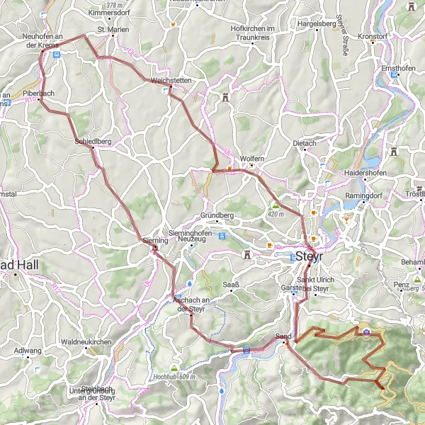 Karten-Miniaturansicht der Radinspiration "Abenteuerliche Gravel-Tour durch Wolfern und Buchberg" in Oberösterreich, Austria. Erstellt vom Tarmacs.app-Routenplaner für Radtouren