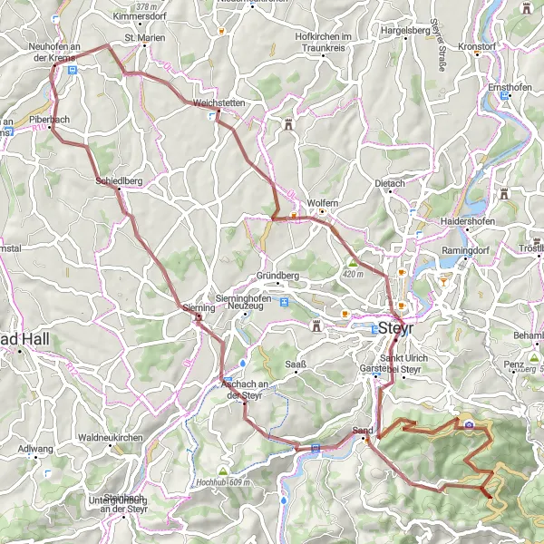 Miniatura della mappa di ispirazione al ciclismo "Giro in Gravel di 76 km da Neuhofen an der Krems" nella regione di Oberösterreich, Austria. Generata da Tarmacs.app, pianificatore di rotte ciclistiche