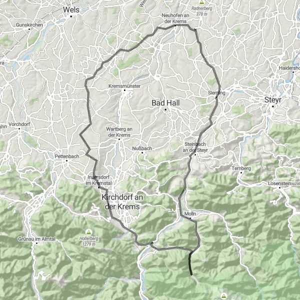 Miniatua del mapa de inspiración ciclista "Ruta de ciclismo de carretera Neuhofen an der Krems - Sattledt - Julianaberg" en Oberösterreich, Austria. Generado por Tarmacs.app planificador de rutas ciclistas