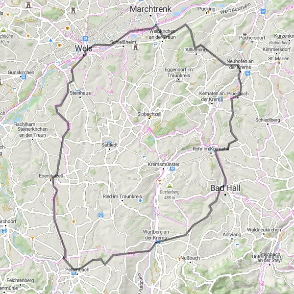 Zemljevid v pomanjšavi "Ruralna pot od Bad Halla do Allhaminga" kolesarske inspiracije v Oberösterreich, Austria. Generirano z načrtovalcem kolesarskih poti Tarmacs.app