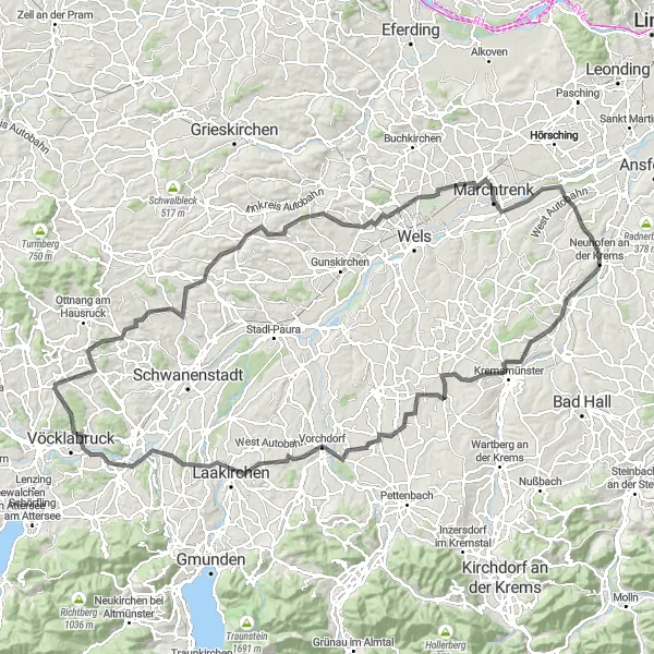 Karttaminiaatyyri "Maantiekiertoajelu Neuhofen an der Kremsin lähellä" pyöräilyinspiraatiosta alueella Oberösterreich, Austria. Luotu Tarmacs.app pyöräilyreittisuunnittelijalla