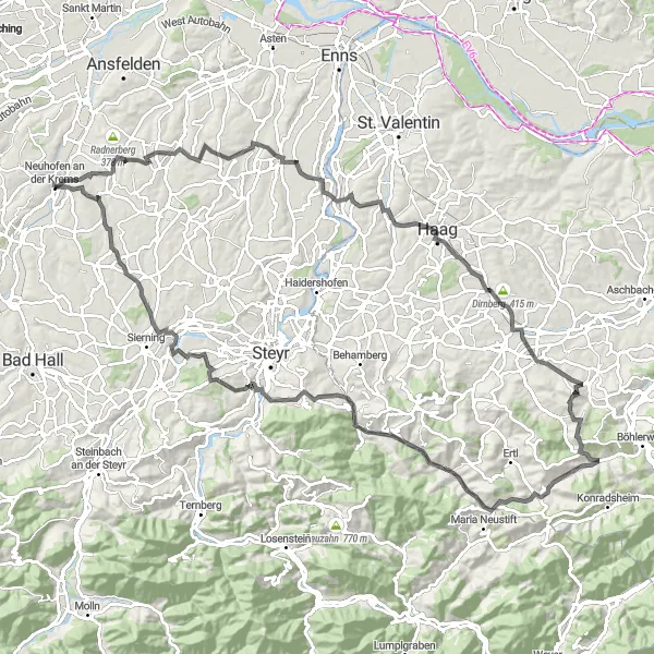 Miniaturní mapa "Cyklotrasa kolem Neuhofen an der Krems" inspirace pro cyklisty v oblasti Oberösterreich, Austria. Vytvořeno pomocí plánovače tras Tarmacs.app