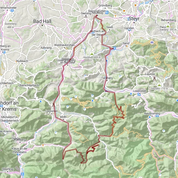 Miniatura della mappa di ispirazione al ciclismo "Tra le montagne dell'Alta Austria" nella regione di Oberösterreich, Austria. Generata da Tarmacs.app, pianificatore di rotte ciclistiche