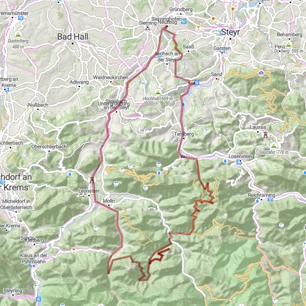 Miniaturekort af cykelinspirationen "Udfordrende grusvejscykelrute til Ternberg" i Oberösterreich, Austria. Genereret af Tarmacs.app cykelruteplanlægger