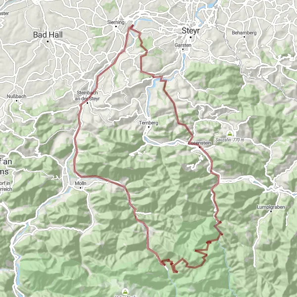 Miniaturní mapa "Kolem historických památek a přírodních krás" inspirace pro cyklisty v oblasti Oberösterreich, Austria. Vytvořeno pomocí plánovače tras Tarmacs.app