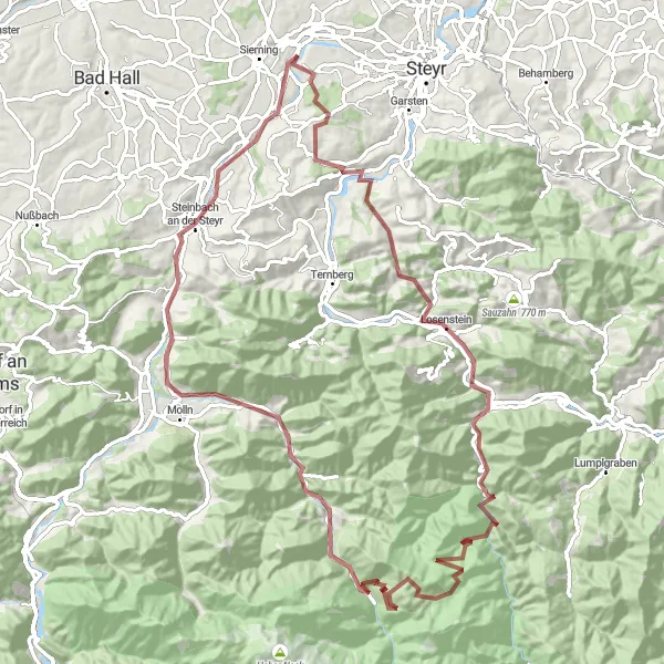 Zemljevid v pomanjšavi "Kolesarska pot 'Čez gozdove in griče Ybbstala'" kolesarske inspiracije v Oberösterreich, Austria. Generirano z načrtovalcem kolesarskih poti Tarmacs.app