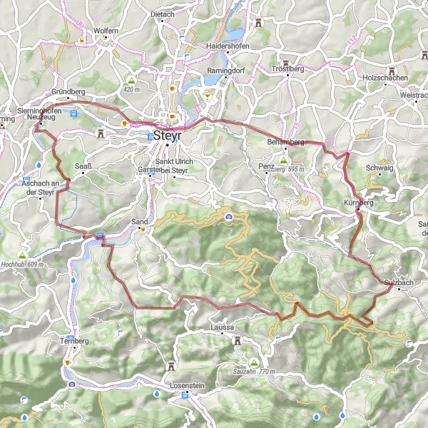 Map miniature of "Tabor and Steyr Gravel Adventure" cycling inspiration in Oberösterreich, Austria. Generated by Tarmacs.app cycling route planner