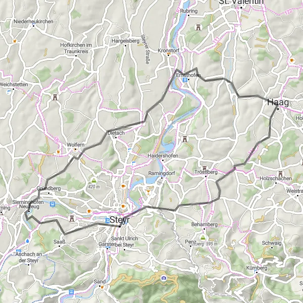 Zemljevid v pomanjšavi "Pester izlet v Steyr in okolico" kolesarske inspiracije v Oberösterreich, Austria. Generirano z načrtovalcem kolesarskih poti Tarmacs.app