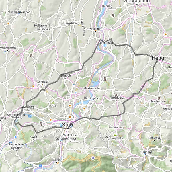 Miniatuurkaart van de fietsinspiratie "Fietsen rond Steyr en Neuzeug" in Oberösterreich, Austria. Gemaakt door de Tarmacs.app fietsrouteplanner