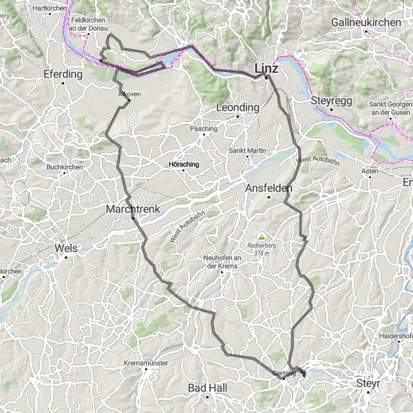 Miniatura della mappa di ispirazione al ciclismo "Strade panoramiche a Linz" nella regione di Oberösterreich, Austria. Generata da Tarmacs.app, pianificatore di rotte ciclistiche