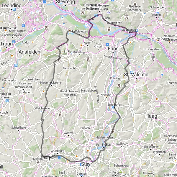 Miniatura della mappa di ispirazione al ciclismo "Esplorazione di Gusen e Ernsthofen" nella regione di Oberösterreich, Austria. Generata da Tarmacs.app, pianificatore di rotte ciclistiche