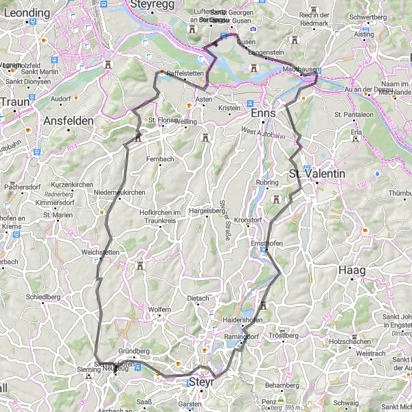 Kartminiatyr av "Landsvägsrundtur genom Gusen och Steyr" cykelinspiration i Oberösterreich, Austria. Genererad av Tarmacs.app cykelruttplanerare