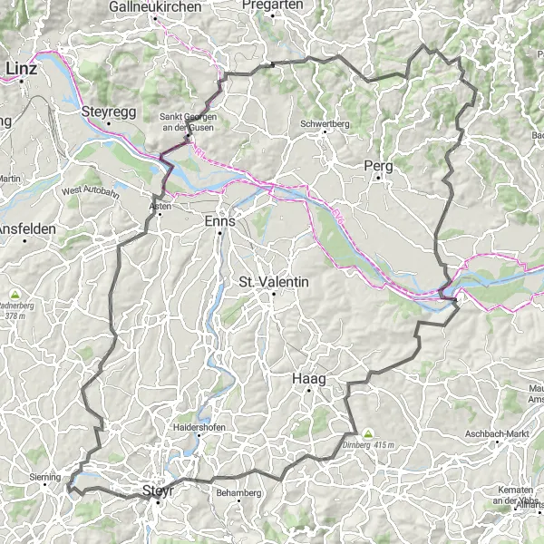 Mapa miniatúra "Trasa okolo Steyru a Traunu" cyklistická inšpirácia v Oberösterreich, Austria. Vygenerované cyklistickým plánovačom trás Tarmacs.app