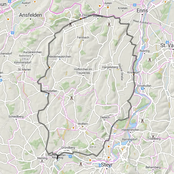 Kartminiatyr av "Historiske perler i det østlige Øvre Østerrike" sykkelinspirasjon i Oberösterreich, Austria. Generert av Tarmacs.app sykkelrutoplanlegger