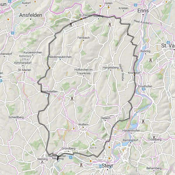 Miniatuurkaart van de fietsinspiratie "Rondrit Weichstetten - Kronstorf - Maria im Winkl" in Oberösterreich, Austria. Gemaakt door de Tarmacs.app fietsrouteplanner