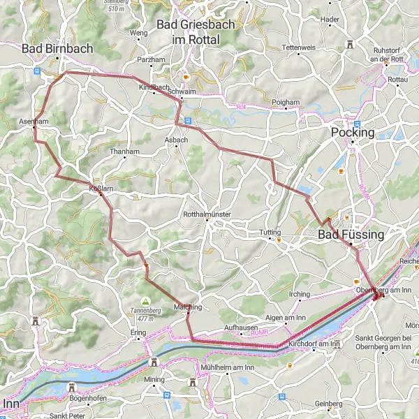 Miniatua del mapa de inspiración ciclista "Ruta de grava de Obernberg am Inn a Obernberg am Inn" en Oberösterreich, Austria. Generado por Tarmacs.app planificador de rutas ciclistas
