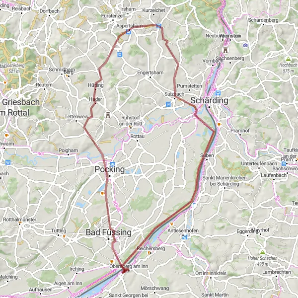 Miniatua del mapa de inspiración ciclista "Ruta de Grava a través de Obernberg am Inn" en Oberösterreich, Austria. Generado por Tarmacs.app planificador de rutas ciclistas