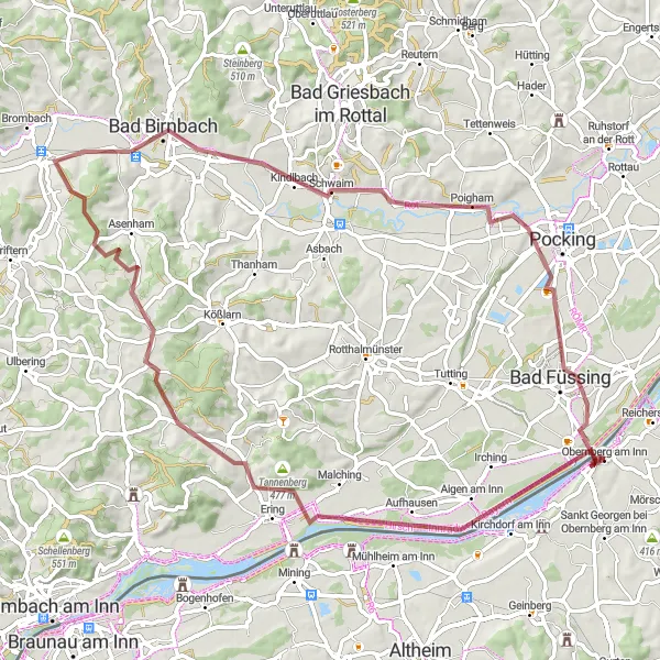 Miniatua del mapa de inspiración ciclista "Expedición en Grava alrededor de Obernberg am Inn" en Oberösterreich, Austria. Generado por Tarmacs.app planificador de rutas ciclistas