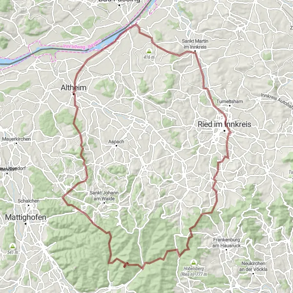 Zemljevid v pomanjšavi "Gravelska avantura na Obernbergu" kolesarske inspiracije v Oberösterreich, Austria. Generirano z načrtovalcem kolesarskih poti Tarmacs.app