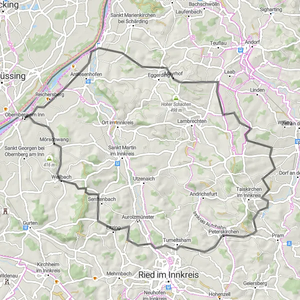 Miniatura della mappa di ispirazione al ciclismo "Cicloturismo attraverso Reichersberg e Mörschwang" nella regione di Oberösterreich, Austria. Generata da Tarmacs.app, pianificatore di rotte ciclistiche