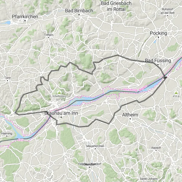 Zemljevid v pomanjšavi "Scenic Road Cycling Route near Obernberg am Inn" kolesarske inspiracije v Oberösterreich, Austria. Generirano z načrtovalcem kolesarskih poti Tarmacs.app