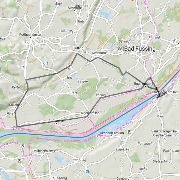 Kartminiatyr av "Historisk Utforskning av Obernberg am Inn" sykkelinspirasjon i Oberösterreich, Austria. Generert av Tarmacs.app sykkelrutoplanlegger