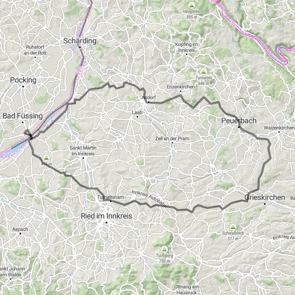 Miniaturní mapa "Cyklistická trasa okolo Obernbergu am Inn" inspirace pro cyklisty v oblasti Oberösterreich, Austria. Vytvořeno pomocí plánovače tras Tarmacs.app
