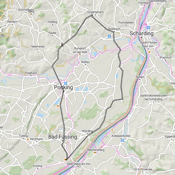 Miniatua del mapa de inspiración ciclista "Ruta en Carretera a través de Obernberg am Inn" en Oberösterreich, Austria. Generado por Tarmacs.app planificador de rutas ciclistas