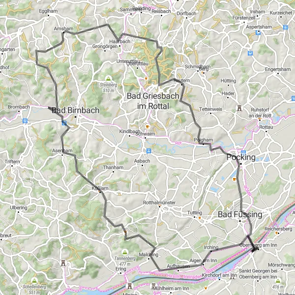 Miniatua del mapa de inspiración ciclista "Ruta de Carretera Obernberg am Inn" en Oberösterreich, Austria. Generado por Tarmacs.app planificador de rutas ciclistas