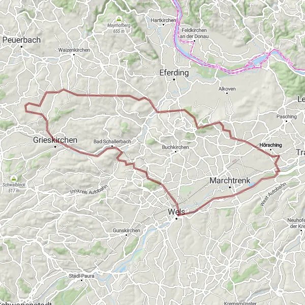 Miniatura della mappa di ispirazione al ciclismo "Percorso in bicicletta gravel da Oedt a Marienwarte" nella regione di Oberösterreich, Austria. Generata da Tarmacs.app, pianificatore di rotte ciclistiche