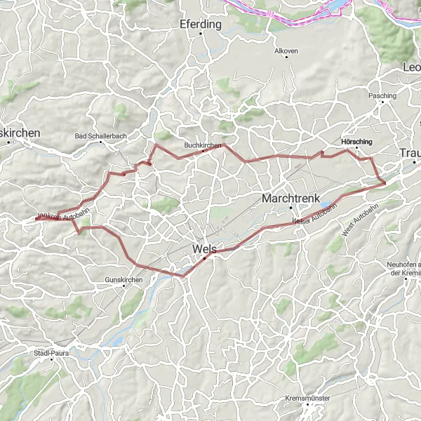 Miniature de la carte de l'inspiration cycliste "Boucle de vélo de gravier près d'Oedt" dans la Oberösterreich, Austria. Générée par le planificateur d'itinéraire cycliste Tarmacs.app