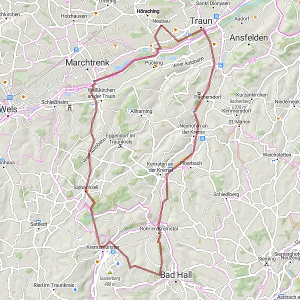 Miniature de la carte de l'inspiration cycliste "Itinéraire de gravier autour d'Oedt" dans la Oberösterreich, Austria. Générée par le planificateur d'itinéraire cycliste Tarmacs.app