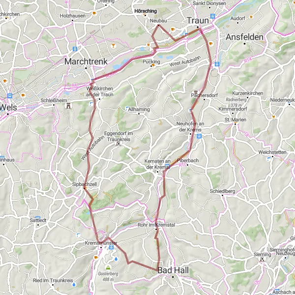 Map miniature of "Klangvulkan Loop" cycling inspiration in Oberösterreich, Austria. Generated by Tarmacs.app cycling route planner