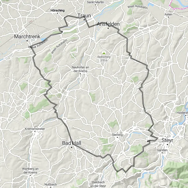 Map miniature of "Ansfelden and Beyond" cycling inspiration in Oberösterreich, Austria. Generated by Tarmacs.app cycling route planner