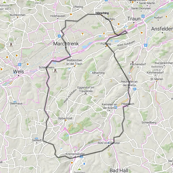 Miniatura della mappa di ispirazione al ciclismo "Giro in bicicletta da Oedt a Pucking e ritorno" nella regione di Oberösterreich, Austria. Generata da Tarmacs.app, pianificatore di rotte ciclistiche
