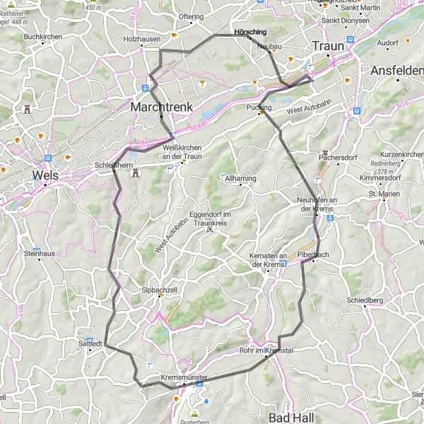 Miniatua del mapa de inspiración ciclista "Ruta por carretera desde Oedt a Oberösterreich" en Oberösterreich, Austria. Generado por Tarmacs.app planificador de rutas ciclistas