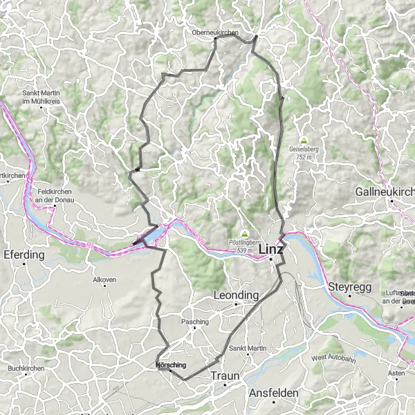Karttaminiaatyyri "Hörsching-Langholzfeld Circuit" pyöräilyinspiraatiosta alueella Oberösterreich, Austria. Luotu Tarmacs.app pyöräilyreittisuunnittelijalla