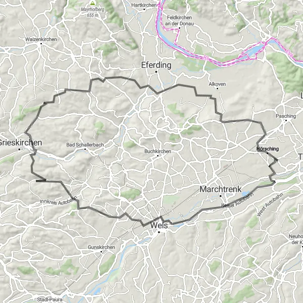 Miniatura della mappa di ispirazione al ciclismo "Esperienza ciclistica tra Marienwarte e Kirnberg" nella regione di Oberösterreich, Austria. Generata da Tarmacs.app, pianificatore di rotte ciclistiche