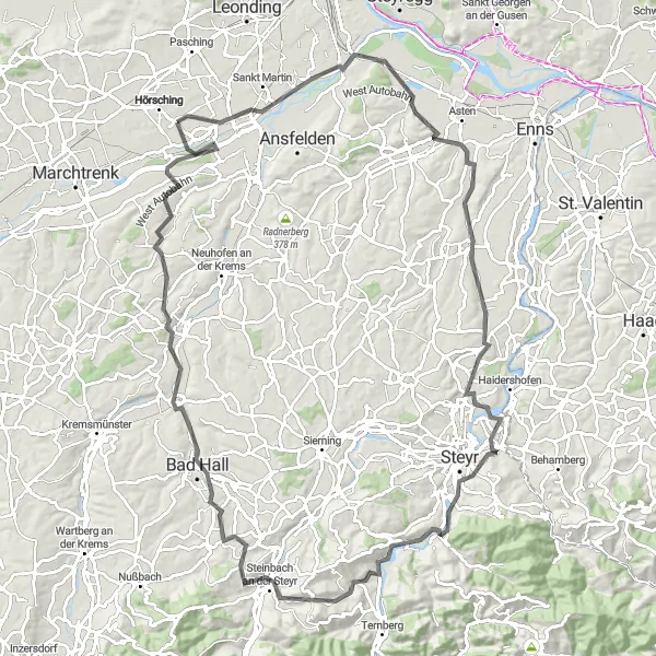 Miniatura della mappa di ispirazione al ciclismo "Giro in bicicletta da Oedt a Traun e ritorno" nella regione di Oberösterreich, Austria. Generata da Tarmacs.app, pianificatore di rotte ciclistiche